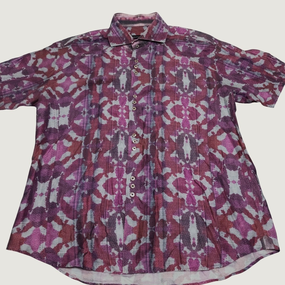Bogosse Geometric‎ Woven Cotton Short Sleeve Shirt Mens 7 XXL Blue Dress Collar